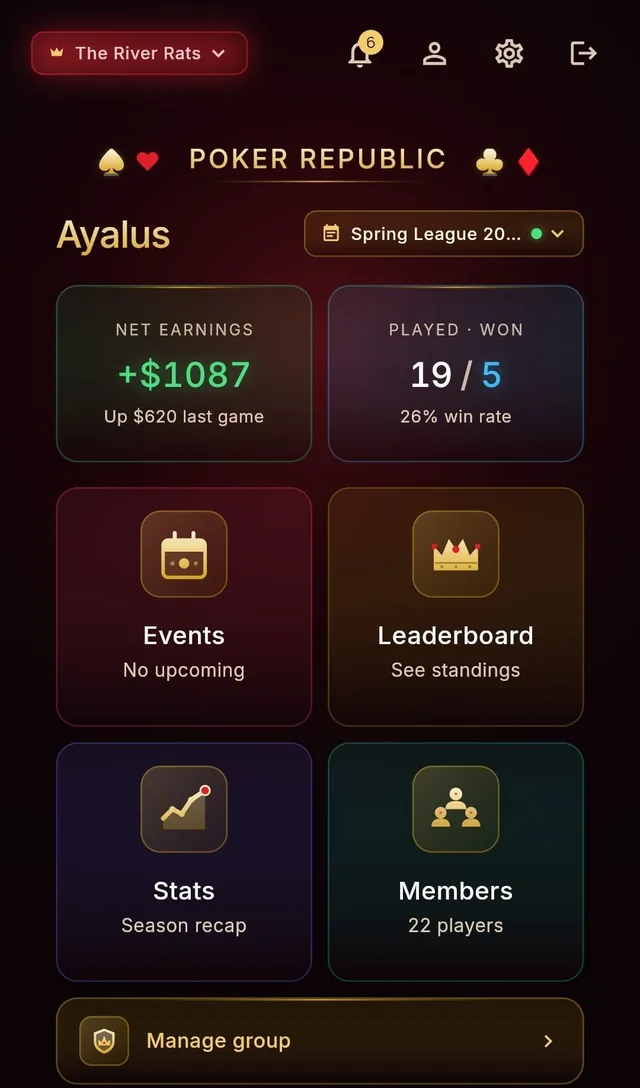 Poker Republic 的主介面：群組名稱、你的淨收益和勝率，以及活動、排行榜、數據和成員的入口。
