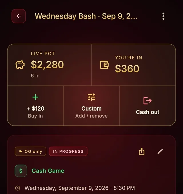 Poker Republic 中正在進行的牌局：即時底池、你已投入的金額，以及買入和結算按鈕。