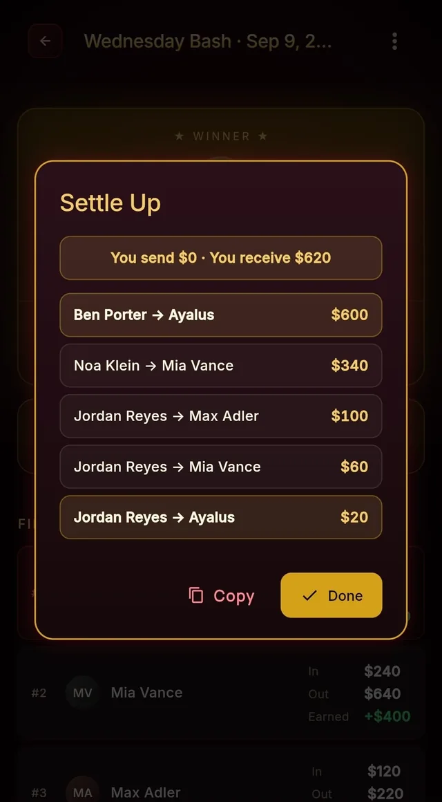 Poker Republic 的結算介面，準確列出誰付給誰、付多少。